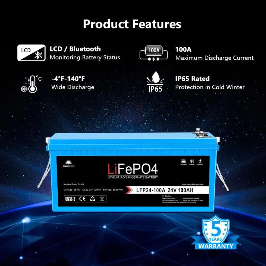 SunGoldPower 24V 100AH LifePO4 Deep Cycle Lithium Battery Bluetooth / Self-Heating / IP65
