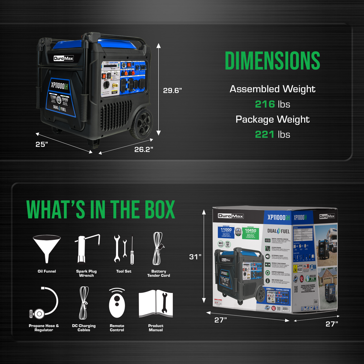 DuroMax XP11000iH 11,000 Watt Portable Dual Fuel Inverter Generator - Quiet, Low THD