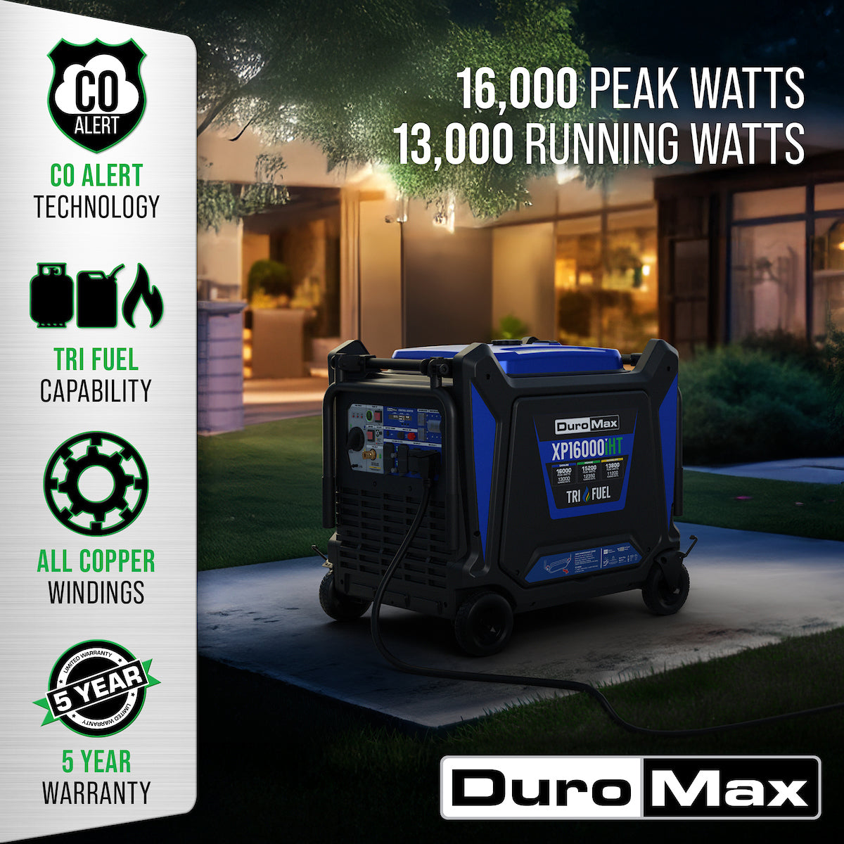 DuroMax XP16000iHT 16,000 Watt Tri Fuel Portable Inverter Generator - Quiet, Low THD