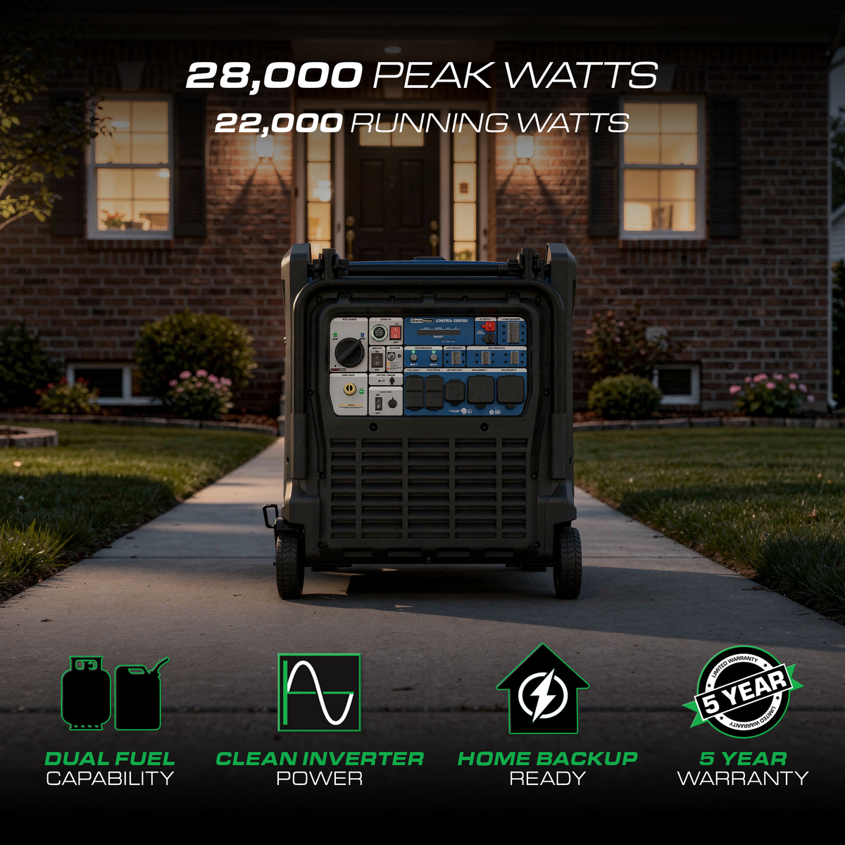 DuroMax XP28000iH 28,000 Watt Dual Fuel Portable Inverter Generator w/ CO Alert
