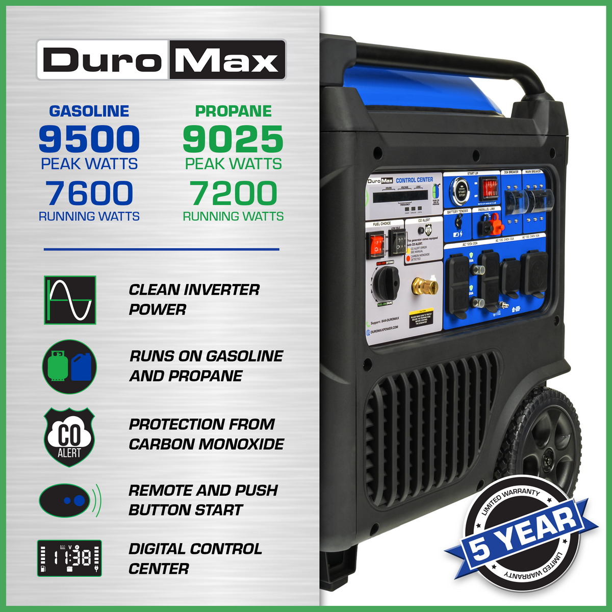 DuroMax XP9500iH 9,500 Watt Portable Dual Fuel Inverter Generator - Quiet, Low THD