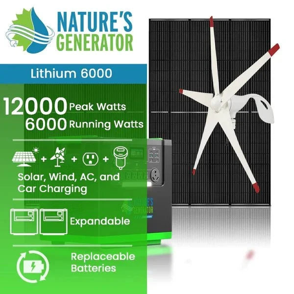 Natures Generator Lithium 6000 Solar Generator With 410W Rigid Solar Panels + Wind Turbine