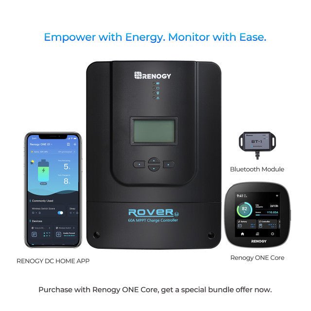 Renogy Rover 60 Amp MPPT Solar Charge Controller with BT-1 Bluetooth Module + Renogy One Core