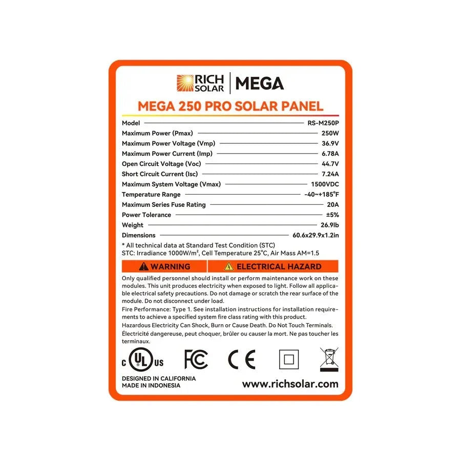 Rich Solar MEGA 250 PRO 250 Watt Monocrystalline Solar Panel UL Certified