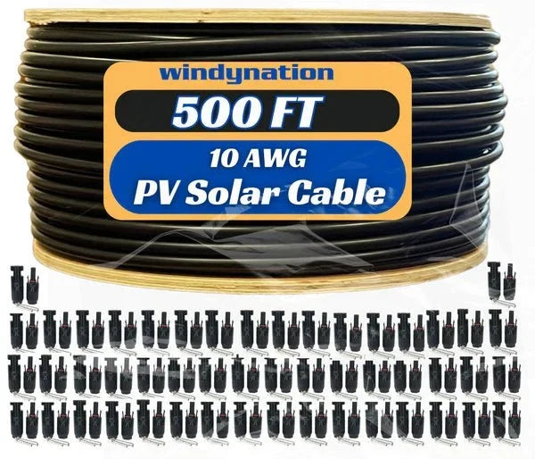 WindyNation 500 Foot Spool 10 Gauge 10 AWG Black Pure Copper Solar Panel Extension Cable Wire