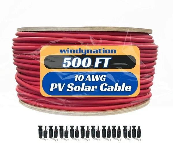WindyNation 500 Foot Spool 10 Gauge 10 AWG Red Pure Copper Solar Panel Extension Cable Wire