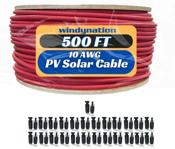 WindyNation 500 Foot Spool 10 Gauge 10 AWG Red Pure Copper Solar Panel Extension Cable Wire