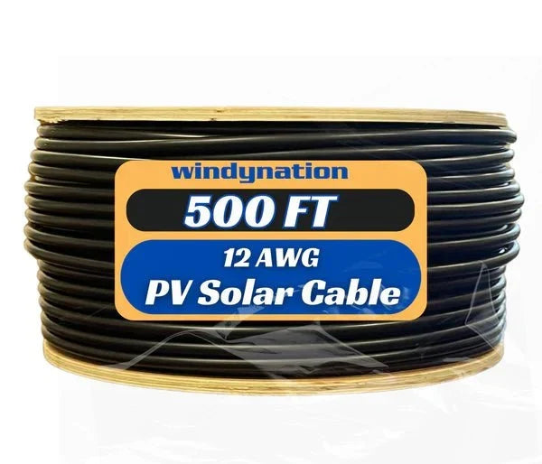 WindyNation 500 Foot Spool 12 Gauge 12 AWG Black Pure Copper Solar Panel Extension Cable Wire