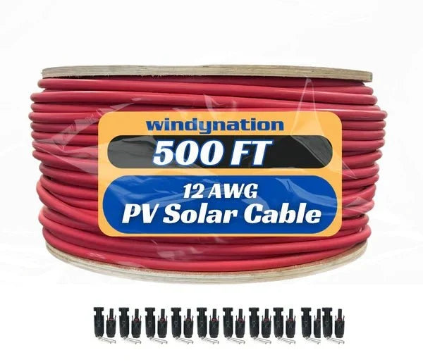 WindyNation 500 Foot Spool 12 Gauge 12 AWG Red Pure Copper Solar Panel Extension Cable Wire