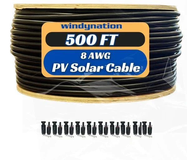 WindyNation 500 Foot Spool 8 Gauge 8 AWG Black Pure Copper Solar Panel Extension Cable Wire
