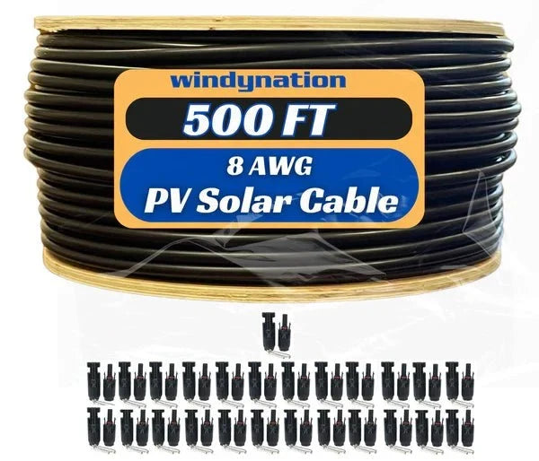 WindyNation 500 Foot Spool 8 Gauge 8 AWG Black Pure Copper Solar Panel Extension Cable Wire