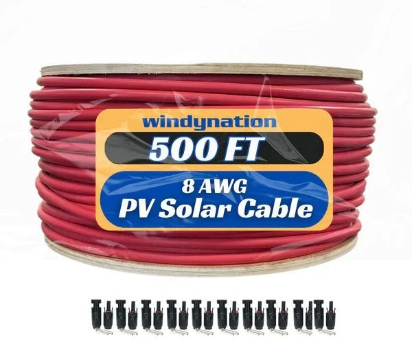 WindyNation 500 Foot Spool 8 Gauge 8 AWG Red Pure Copper Solar Panel Extension Cable Wire
