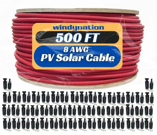 WindyNation 500 Foot Spool 8 Gauge 8 AWG Red Pure Copper Solar Panel Extension Cable Wire